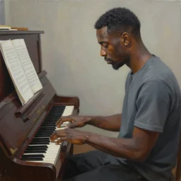 painting of a black man playing piano by Michael Cheval