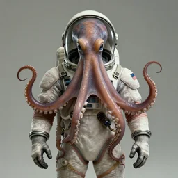 Octopus wearing a spacesuit, centered, portrait by Greg Hildebrandt, studio lighting, muted colors, by Terry Richardson, by Leonardo DaVinci, ultrarelistic, extreme derail, caustics, trending on Artstation, 8K, octane renderer