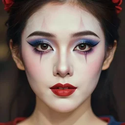 realistic tender sweet portrait of a wonderful symmetrical proportionate woman she has a circus makeup, symmetrical eyes, portrait photography, trending on artstation, characterdesign, sharp focus, art by ruan jia, ghibli, elena shumilova, leah robinson