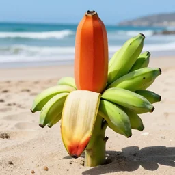 red orange kissing green banana on a beach in new mixico