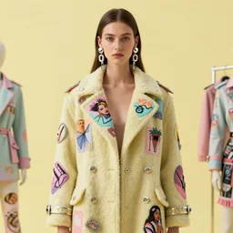 coat for a rave, hairstyle, earrings, bright soft colors, soft yellow background, many details, prints, photo for a magazine, photo for a store, fashion photography, Vogue, 135 mm, cinematic, hyper realism, high detail, octane render, 8k, chrome accents, very coherent symmetrical artwork, perfect face model, Soft light, Reduced contrast, soft colors