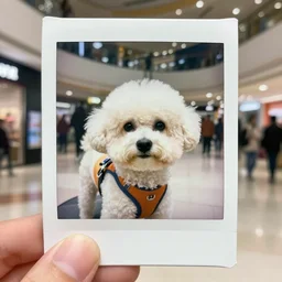 super awesome head to shoulder portrait colored polaroid film photograph of a bichon frise dog in a mall wearing aviator shades. super resolution. surreal. extremely detailed. polaroid 6 0 0 film. by annie leibovitz and richard avedon
