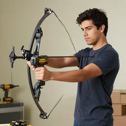young latino man using cordless power tool crossbow made by dewalt