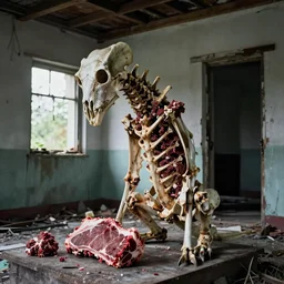 1 9 7 0 s photography, real meat and spine bones creature in abandoned house