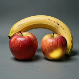 postapocalyptic still life of two apples and a banana in a symmetric composition