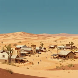 beautiful commission of a desert western town. Atmospheric. Renowned scene illustration by greg rutkowski, thomas kindkade, alphonse mucha, loish, norman rockwell. detailed, inked, western comic book art
