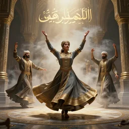 tyrkisk sufi dance, sufi, arabic, arabic words, bysintine, gothic, 4 k, smokey, ole thomas style, giovanni paolo panini style epic, volumetric light, symmetrical, insanely detailed, style of charlie bowater, kelly mckernan, unreal engine render, artstation trends, hyper detail, epic art style, cinematic, concept art, soft white gold lights,