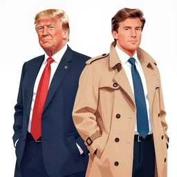 poster matte shaded illustration of donald trump and donald trump wearing trench coats and big black hats starring in spy vs spy
