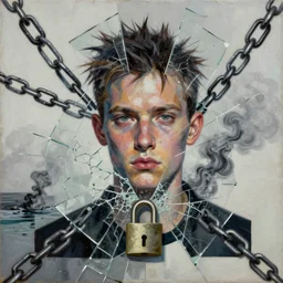 chained and locked, mixed media collage, assemblage, photomontage, oil painting, minimalist, contemporary art, punk art, photorealistic, portrait, expressionism, masterpiece, dynamic composition, spectacular quality, intricate details, shattered glass texture, chains, smoke, water
