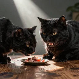 fat black cat meowing at food on wooden table