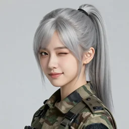 girl, silver hair (ponytail), (winking), multicam (camo), trending on artstation, detailed, cinematic full body shot, ilustration by Takehiko Inoue ((and Yoann Lossel)) (((and Yoji Shinkawa)))
