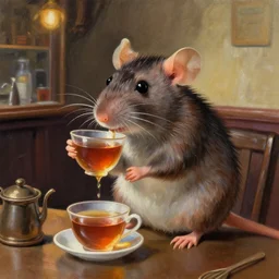 a digital painting of a rat drinking tea at a pub, masterpiece, 4k wallpaper, beautiful, gorgeous, intricate brush strokes, by Greg Rutkowski, Thomas Kinkade, Moebius, Hayao Miyazaki