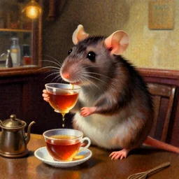 a digital painting of a rat drinking tea at a pub, masterpiece, 4k wallpaper, beautiful, gorgeous, intricate brush strokes, by Greg Rutkowski, Thomas Kinkade, Moebius, Hayao Miyazaki