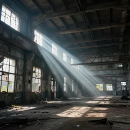 abandoned industrial factory interior, volumetric light scattering, god rays, digital art, trending on artstation