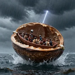 a sinking nutshell with boat crew during thunderstorm, hyperdetailed, artstation, cgsociety, 8 k