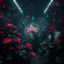 dark blossom and jungle plants, in a floral room full of neural networks and wires and computers, dark sci - fi, ai, 4 k realistic, art nouveau