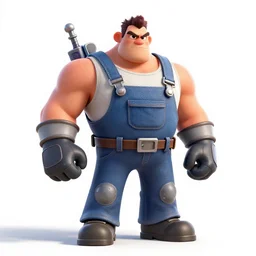 fierce mechanic in overalls, stylized pixar-style 3d render, full body, standing, isolated on a pure white background, centered, whole figure in frame, sharp focus, studio lighting