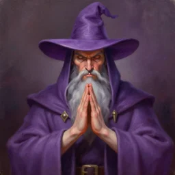 oil painting of the legendary stop wizard, reddit image wizard, with purple hat, hands are closed, still image