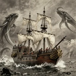 an impossibly huge pirate ship, being attacked by a kraken, giant tentacles, lovecraft. 1930s photograph