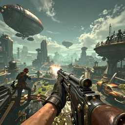 3 rd person game still of a steampunk first person shooter game set in an overpopulated sci - fi steampunk city, flying steampunk airships and vehicles, unreal engine 5