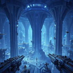 the depths of a vast artificial world with massive towering pillars holding the ceiling of the incredibly geometric landscape up, detailed, cobalt coloration, energetic beings patrolling, extreme depth, wayne barlowe and mc escher collaboration, abyss, colossal hovering machine automations of brutalist design visible in the foreground