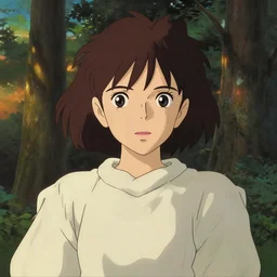 portrait bust of woman, forest background, brown hair, cloth, princess mononoke, 4 k, greg rutkowski, high detail, dramatic lighting, sunset, hayao miyazaki, masashi ando, nizou yamamoto, kazuo oga, joe hisaishi, yoji takeshige, naoya tanaka