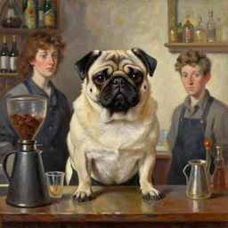 oil painting of a cyber pug barista, art by anders zorn, wonderful masterpiece by greg rutkowski, beautiful cinematic light, american romanticism by greg manchess, jessica rossier and norman rockwell