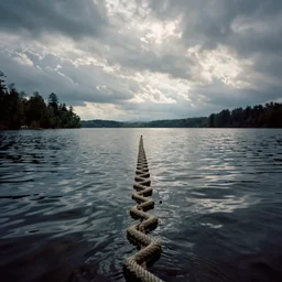 centered photograph of a long rope zig zagging across the surface of the water, floating submerged rope stretching out towards the center of the lake, a dark lake on a cloudy day, color film, trees in the background, hyperedetailed photo, anamorphic lens