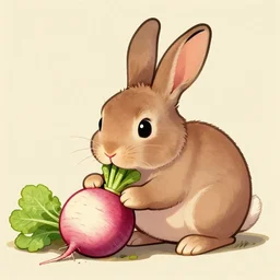 an illustration of a rabbit eating a radish, trending on artstation, very cartoon, shape focus, high detailed, by anton fadeev