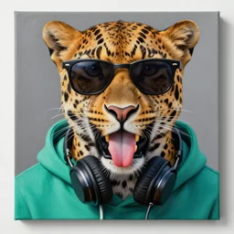 a photorealistic canvas painting of a leopard sticking out his tongue, wearing black sunglasses, a teal green hoodie and headphones around his neck. his tongue is showing. hyper detailed. this 4 k hd image is trending on artstation, featured on behance, well - rendered, extra crisp, features intricate detail, epic composition and the style of unreal engine.
