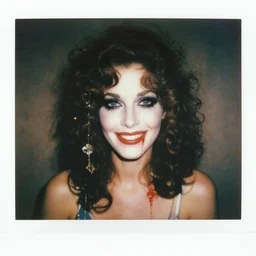 an instant photo of a beautiful but sinister, smiling woman in layers of fear, with haunted eyes and curly hair, 1 9 7 0 s, seventies, delicate embellishments, a little blood, crimson, painterly, offset printing technique, mary jane ansell