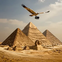 Image from a GoPro attached to a bird, flying over the Pyramids of Giza