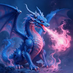 a firebreathing dragon breathing blue and pink flames, pink fire from its mouth, surrounded by blue and pink fire, hyperrealistic, highly detailed, intricate, elegant, smooth, dnd, fantasy illustration, octane render, 8 k, concept art, oil painting by greg hildebrandt and tim hildebrandt and greg rutkowski