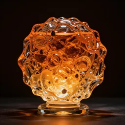 an elaborate glass sculpture filled with orange glowing liquid. photography by annie Liebowitz