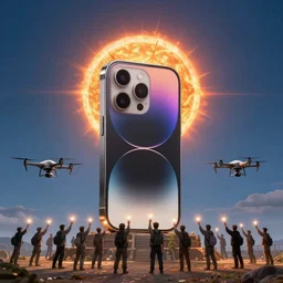 crowd of drone people worshipping a giant statue of an iphone 14 which eclipses the sun