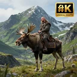 a viking riding a moose, fantasy artwork, nordic scenery, snowy green mountain, hd, hdr, ue 5, ue 6, unreal engine 5, cinematic 4 k wallpaper, 8 k, ultra detailed, high resolution, artstation, award winning