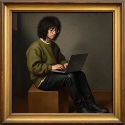 painting of a shaggy black haired teenager!!! with glasses, an olive colored sweater and a black jean, with a laptop on his lap, full body, renaissance!!! painting!!!, ultra detailed, masterpiece, framed