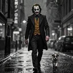 black in white joker walking in the rain, night life buildings, small puppy dog in the background walking, sad mood, low angle, realistic, intricate, detailed, digital art, 4 k, 8 k, wallpaper, artstation trending