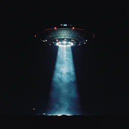 film photography, ufo floating in the sky, beam of light coming down, alien abduction, dark, night, ufo lights, area 5 1 vibes, film grain, award - winning photo