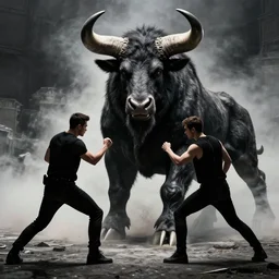 high contrast men in black fighting a giant minotaur