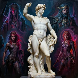 a beautiful realistic sculpture made out of marble of a greek god!!! different realm, cinematic, dark fantasy, acrylic palette knife, high detail, hyper realism, ray tracing, 4 k resolution, 8 k resolution, full hd, neon, realistic painting by junji ito, laurie lipton and michael whelan, michelangelo