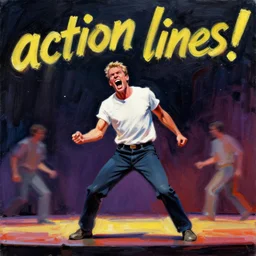 'kramer on stage screaming, enraged, painting by phil hale, 'action lines'!!!, graphic style, visible brushstrokes, motion blur, blurry