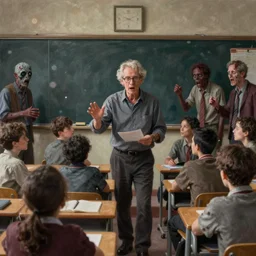 a bokeh photo of a zombie teacher lecturing in front of a classroom, documentary film, an ultrafine detailed painting by james jean, cgsociety, figurative art, detailed painting, dystopian art, high detail greg rutkowski and andreas rocha, tristan eaton, victo ngai, artgerm, rhads, ross draws