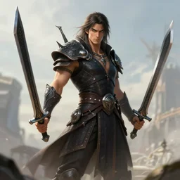 a demigod dual wielding black adamantite swords, by Greg Staples and Greg Rutkowski, 8k, digital art, HD, soft focus, hyper detailed, Unreal engine