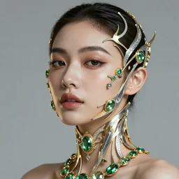 portrait of a beautiful futuristic woman layered with high-tech jewelry wrapping around her face and head, golden-silver light with green gems