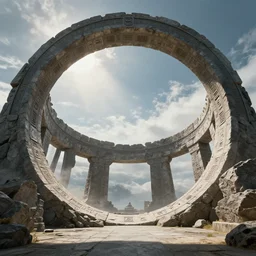 stargate made of stone that form a circle, cinematic view, epic sky highly detailed