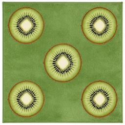 3 5 mm photo of green persian rug texture with huge kiwi fruits ornaments, top view, symmetrical, beautiful, square, trending on artstation