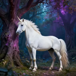 a beautiful professional photography of The unicorn entering the mysterious colorful tree