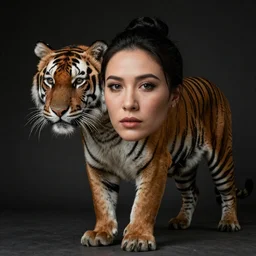 “ portrait of a woman with a tiger. national geographic. photorealistic. studio lighting. dramatic. very coherent. hasselblad. 5 0 mm ”