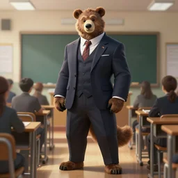 full body photograph of a male anthropomorphic bear fursona wearing a nice suit in a school classroom, deep focus, intricate, elegant, highly detailed, digital painting, artstation, concept art, matte, sharp focus, illustration, d & d, fantasy, hearthstone, art by artgerm and greg rutkowski and alphonse mucha